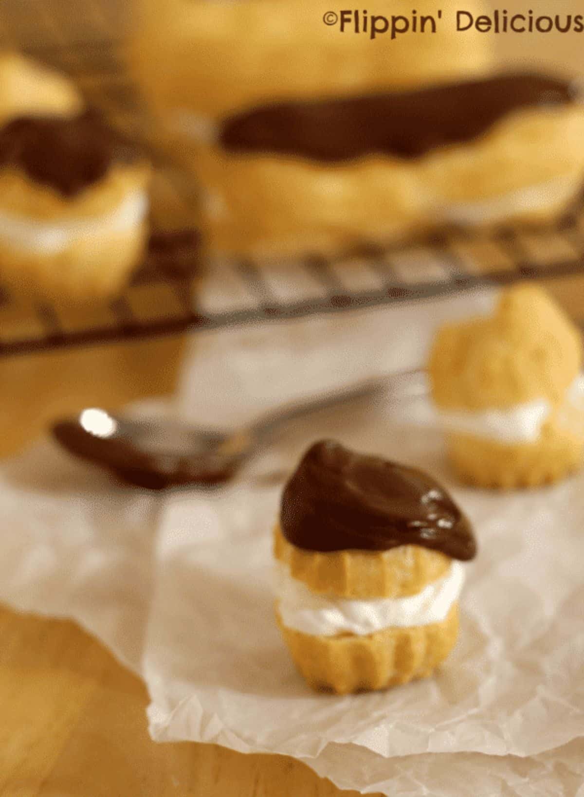 Delicious Gluten-Free Cream Puffs on a wooden tray.