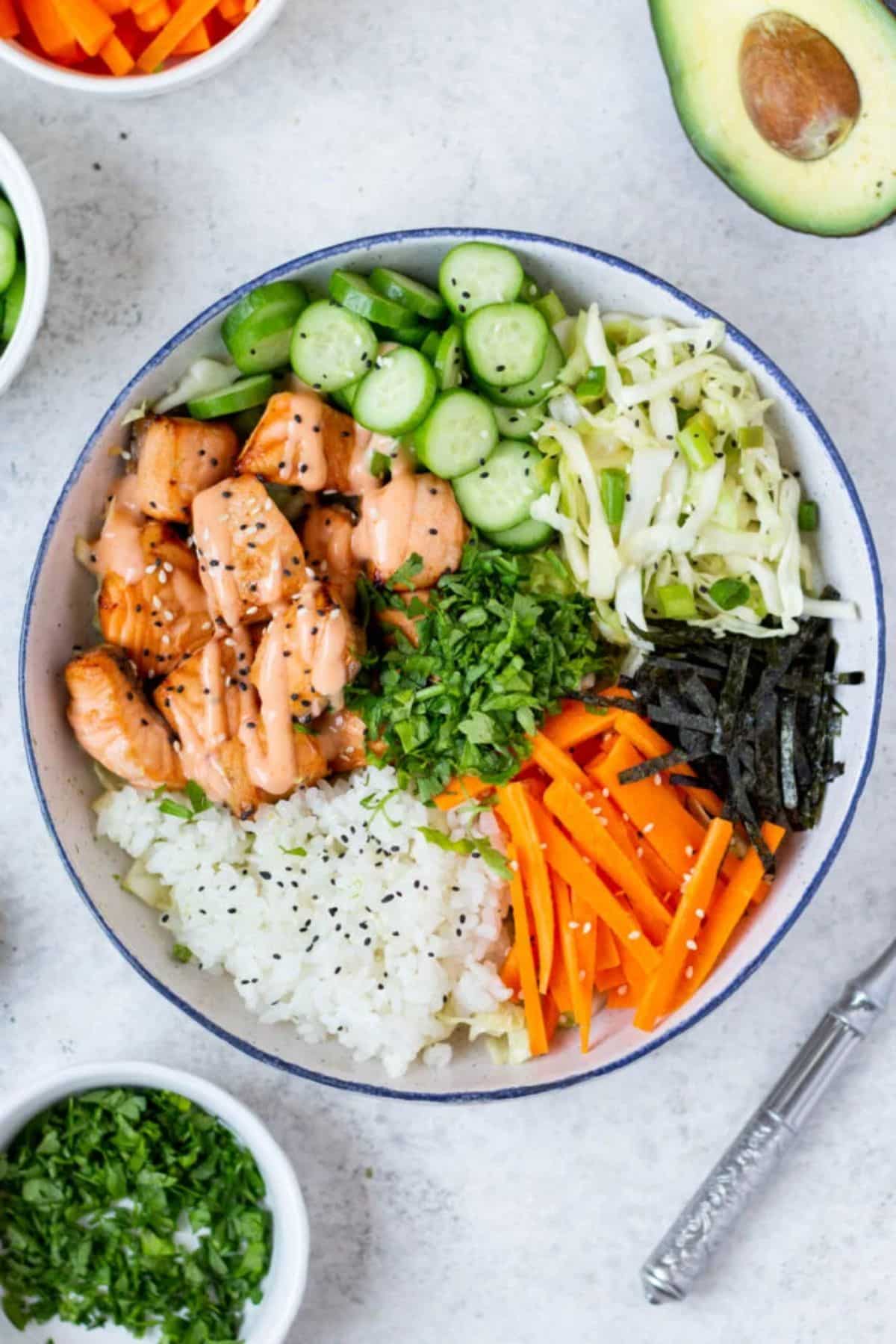 Delicious gluten-free Spicy Salmon in a bowl.