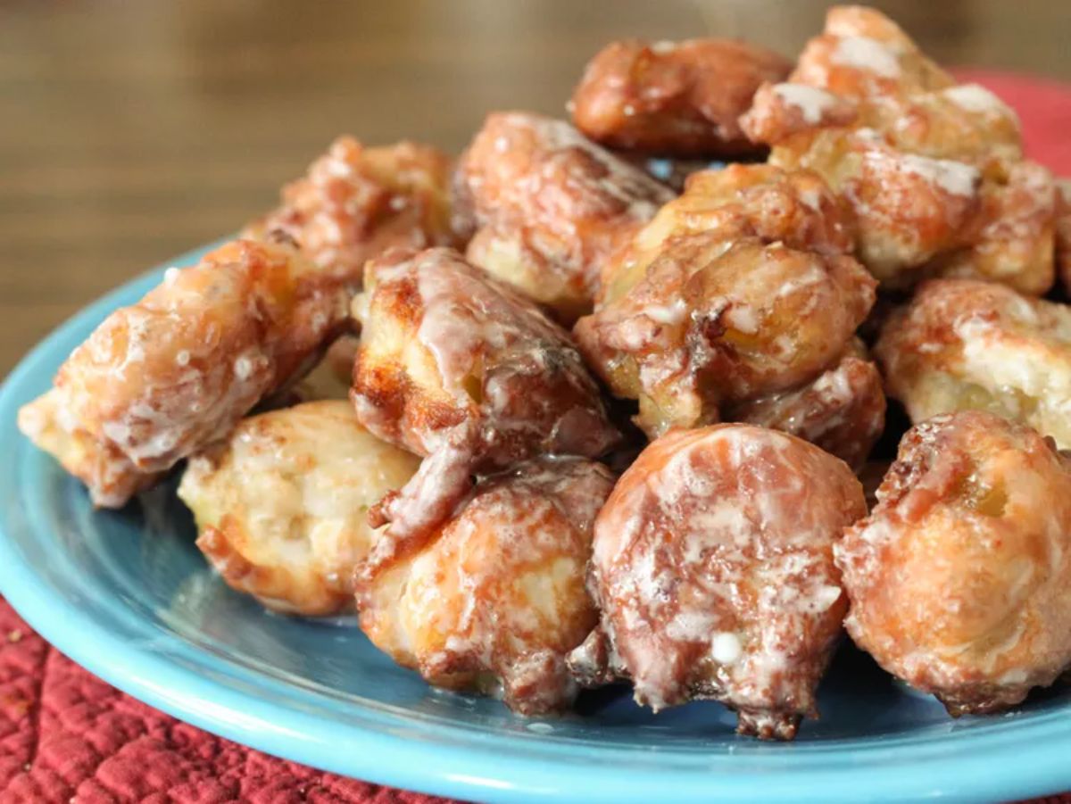Delicious Easy Gluten Free Apple Fritters on a blue plate.