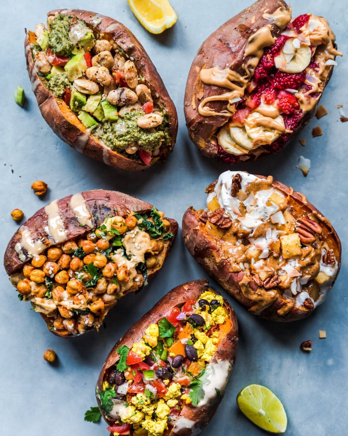 Delicious Double Chickpea Stuffed Sweet Potatoes.