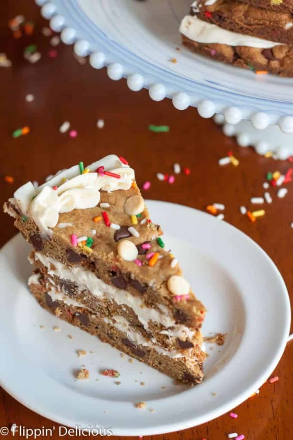 A piece of Gluten-Free Cookie Cake on a white plate.