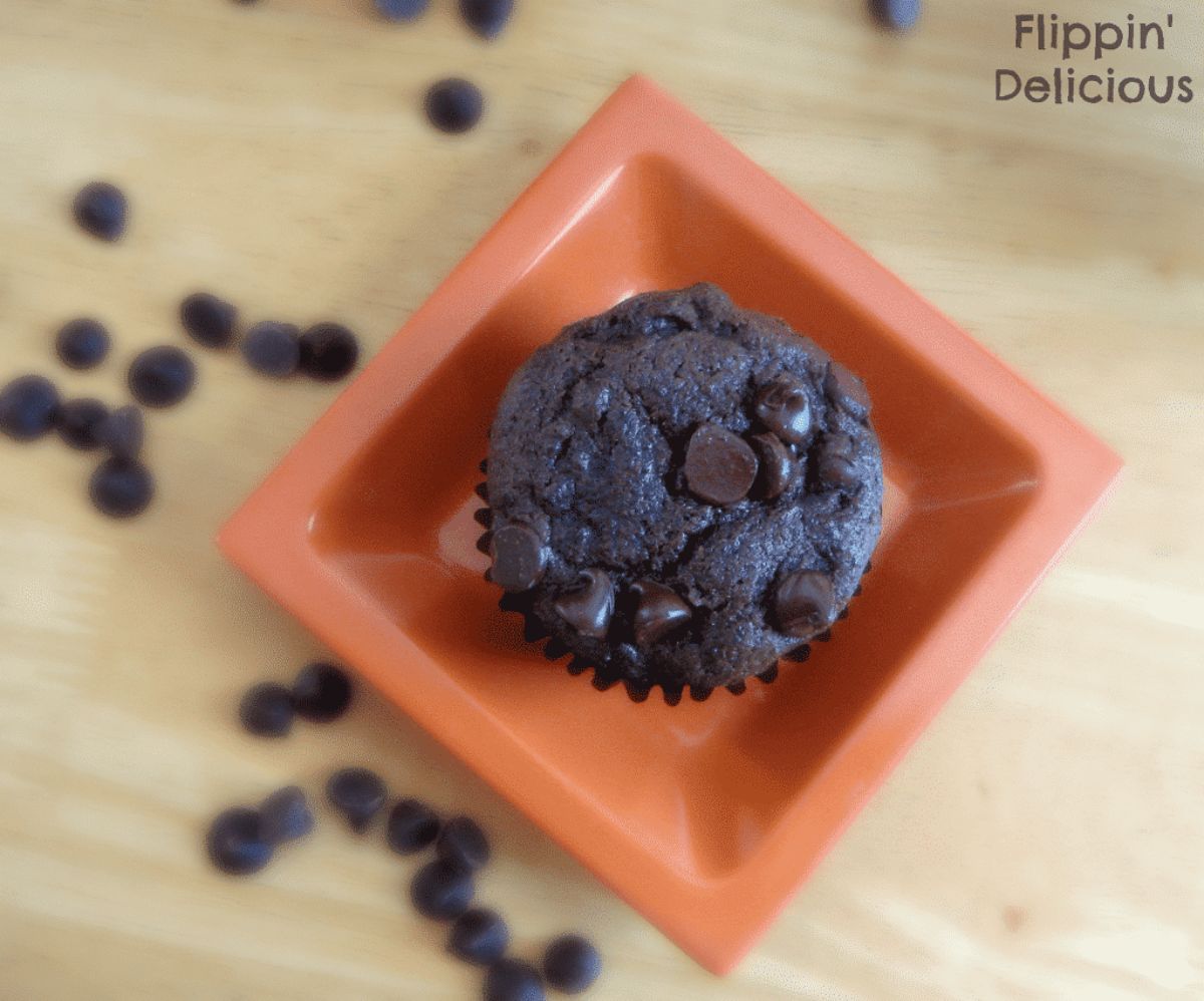 Gluten-Free Chocolate Chocolate Chip Muffin on a small plate.