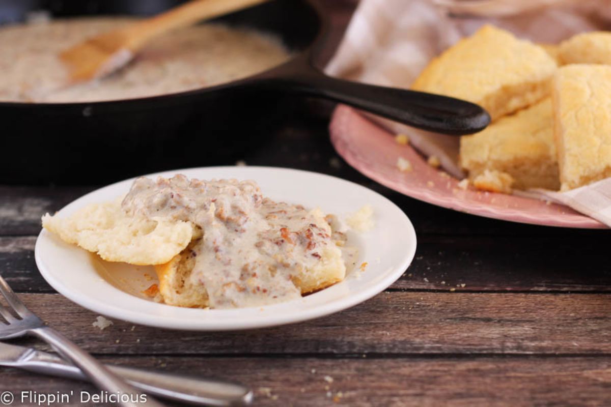 Delicious Gluten Free Sausage Gravy on a white plate.