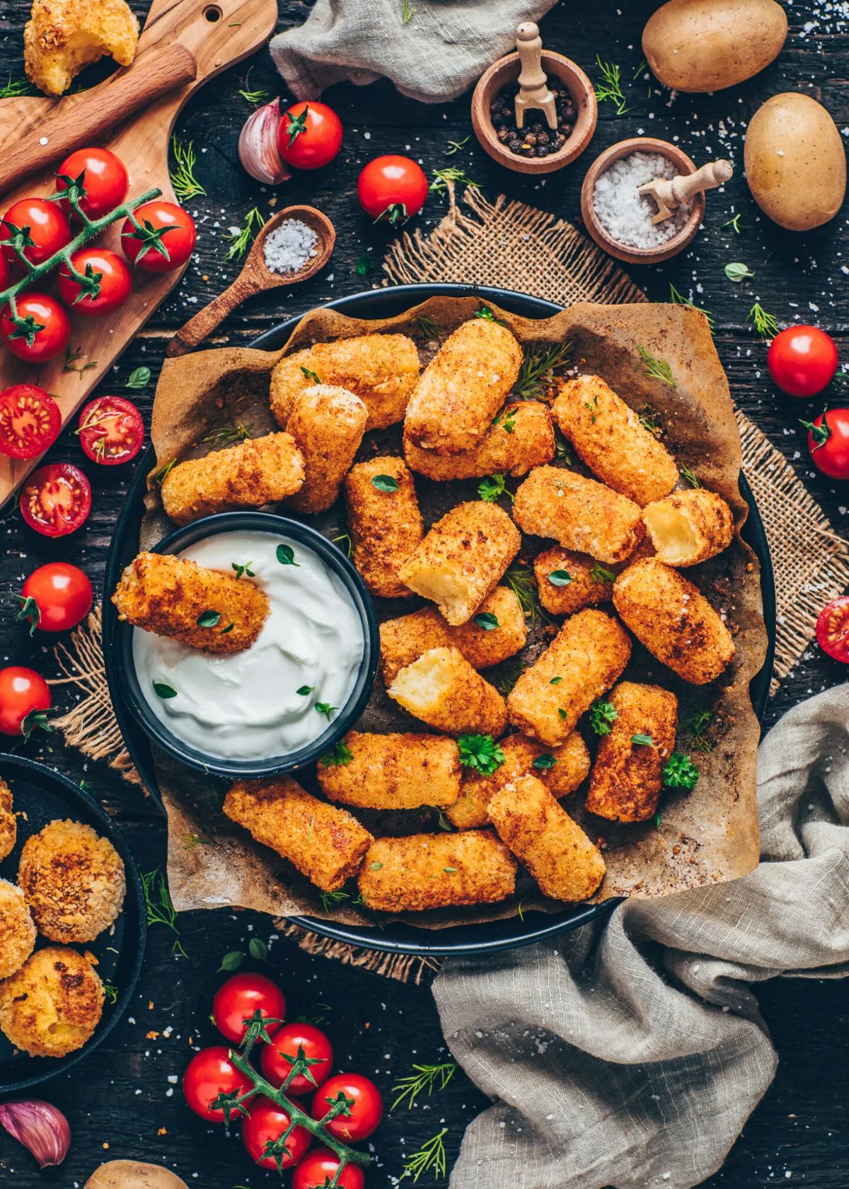 Crispy Vegan Potato Croquettes with a bowl of dip on a black tray.