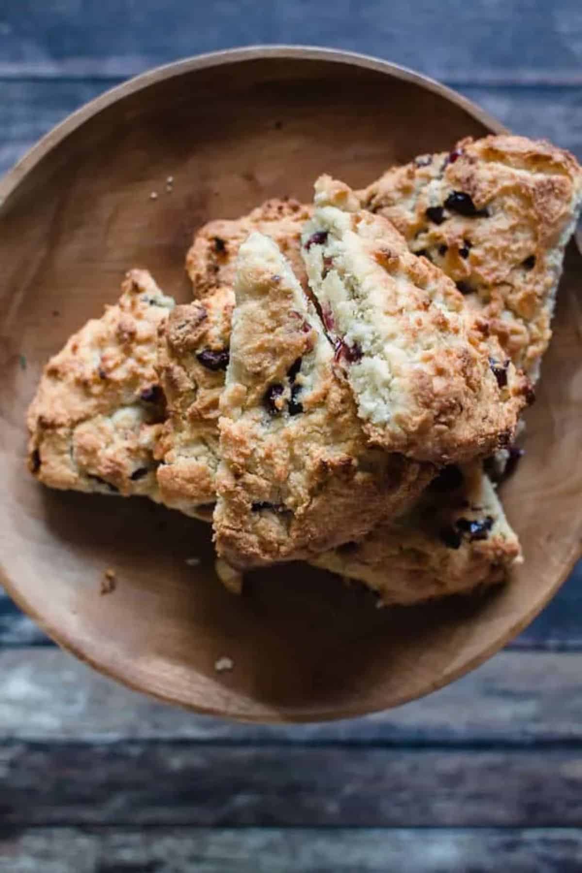 Crunchy Blueberry Scones on a wooden plate.