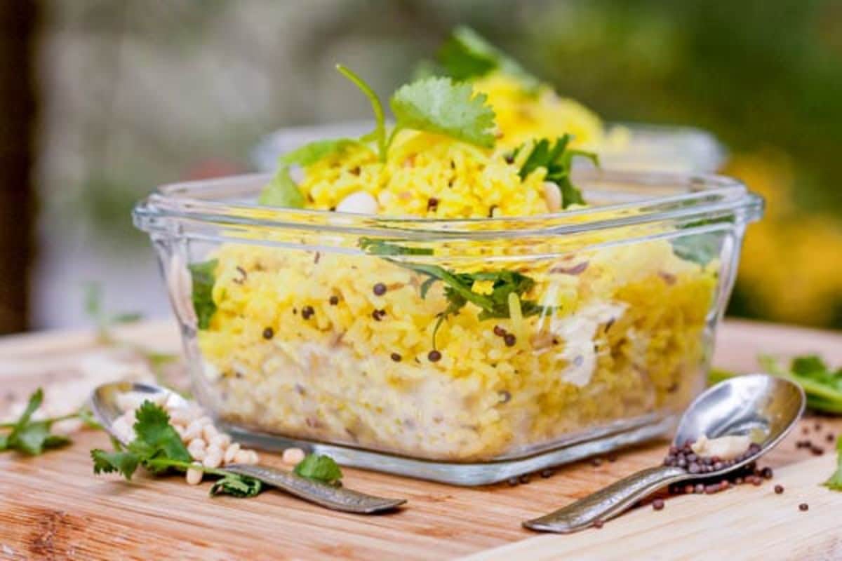 Healthy Indian Lemon Rice in a glass bowl.