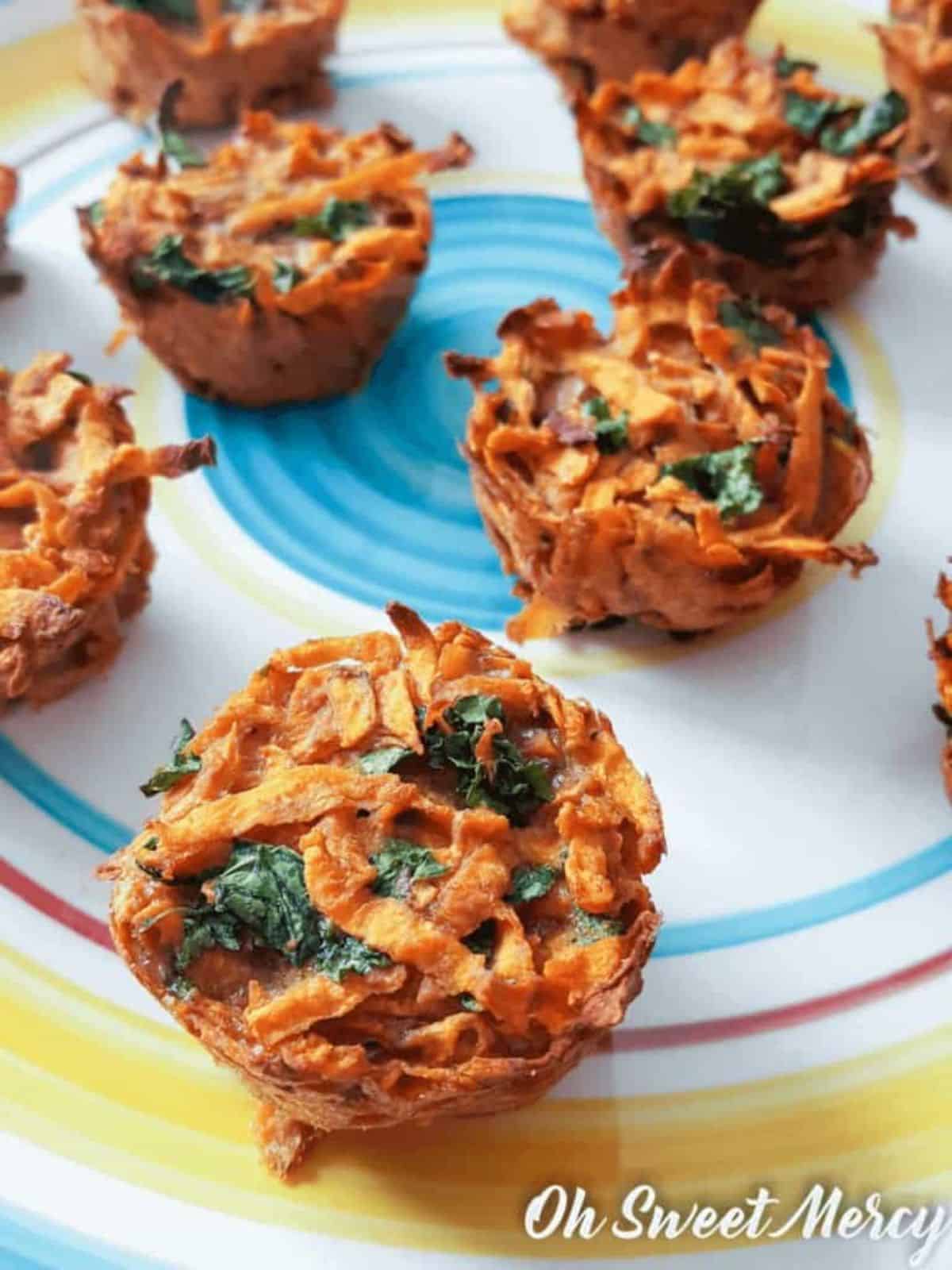 Crunchy Baked Sweet Potato Kale Tots on a colorful plate.