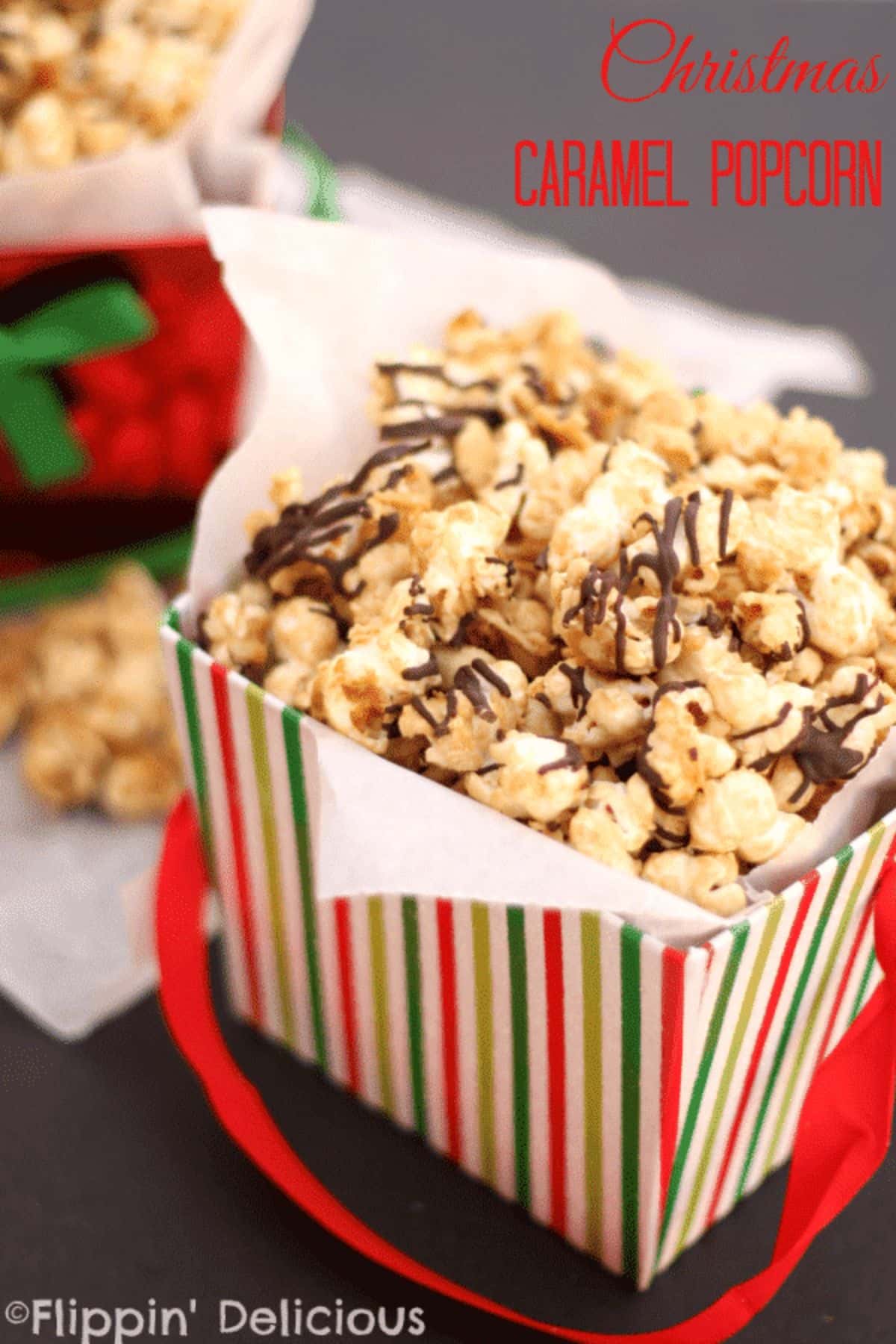 Crunchy Christmas Caramel Popcorn in a paper bag.
