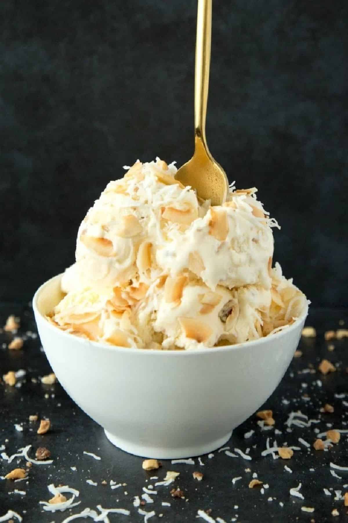 A bowl of Three-Ingredient No Churn Coconut Ice Cream.