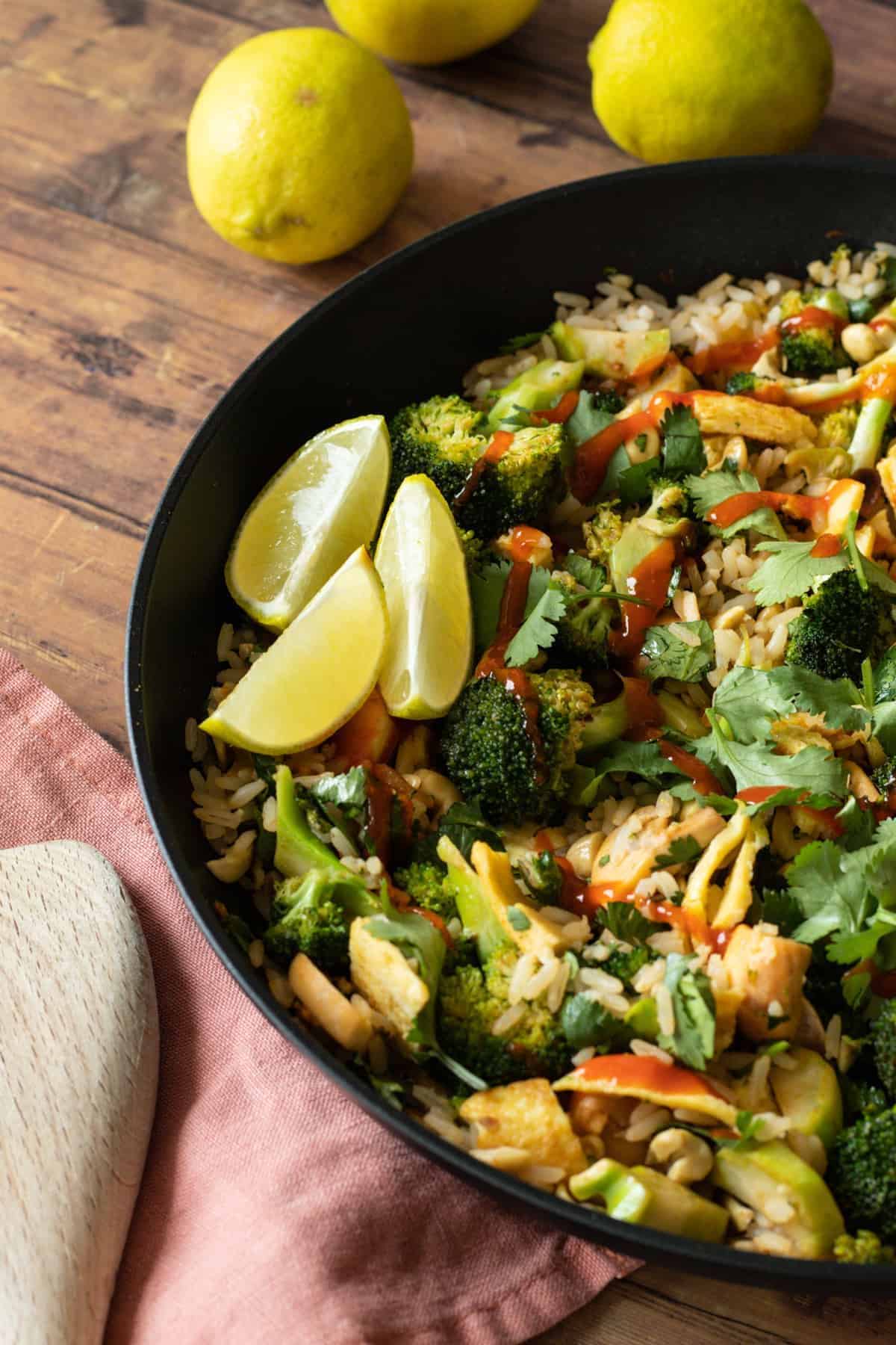 Delicious Thai Curry Fried Rice in a black skillet.