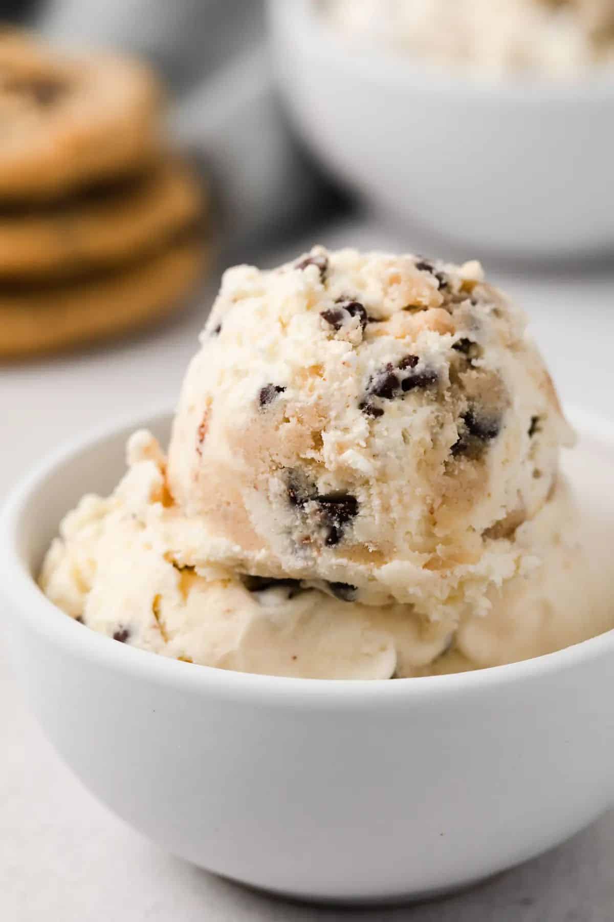 Delicious Chocolate Chip Cookie Dough Ice Cream in a small white bowl.