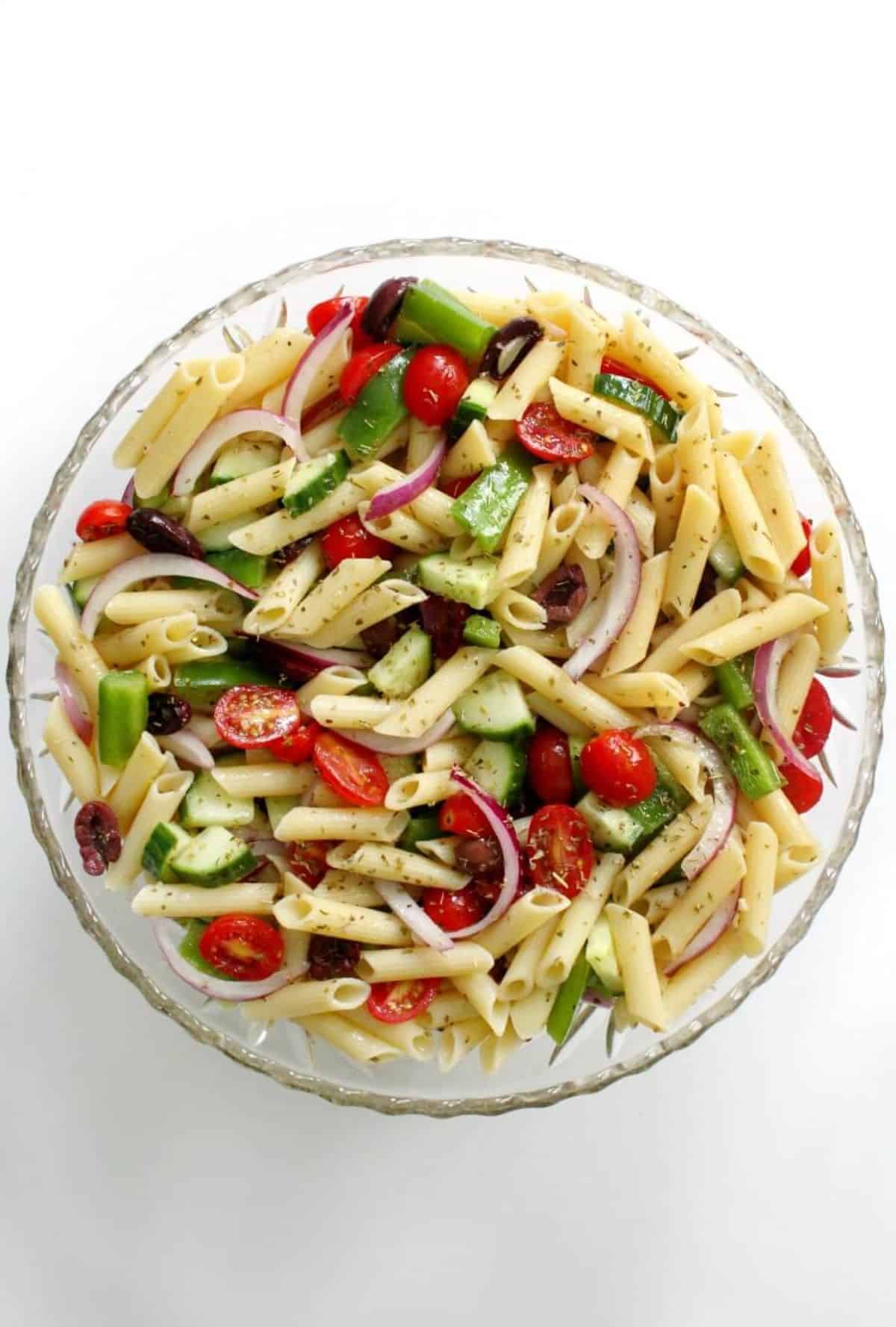 Healthy Gluten-Free Greek Pasta Salad in a glass bowl.