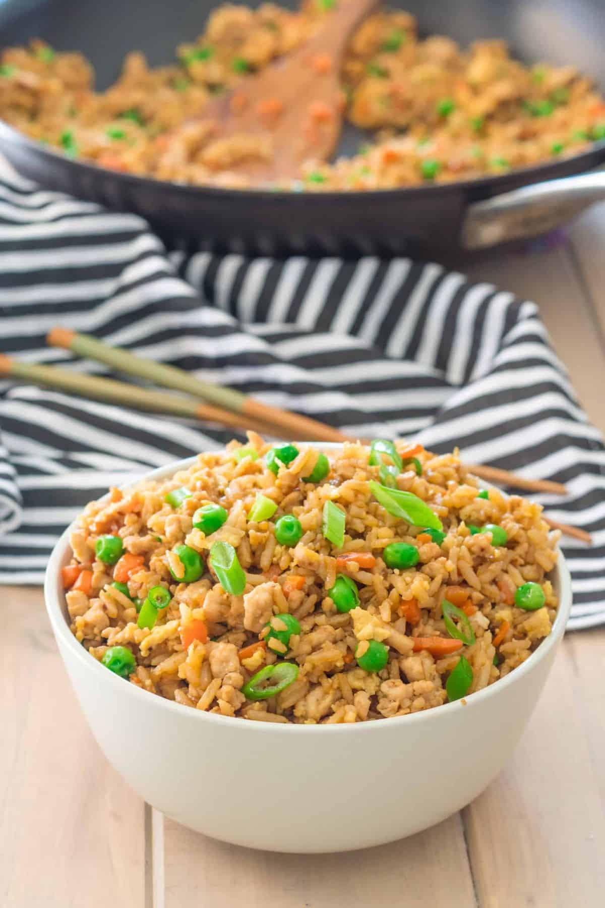 Healthy Gluten-Free Ground Turkey Fried Rice in a white bowl.