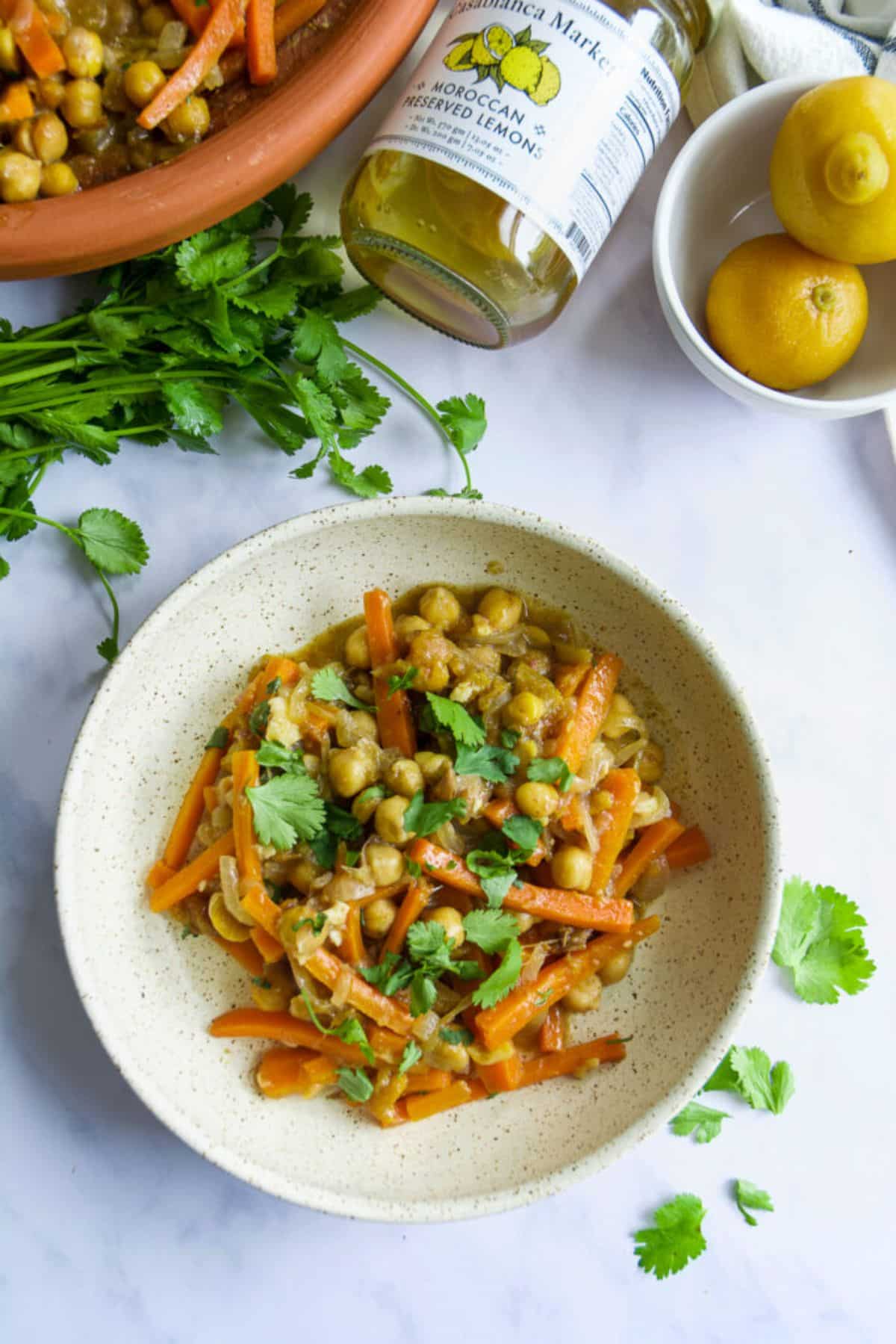 Healthy Moroccan Chickpea Tagine in a bowl.