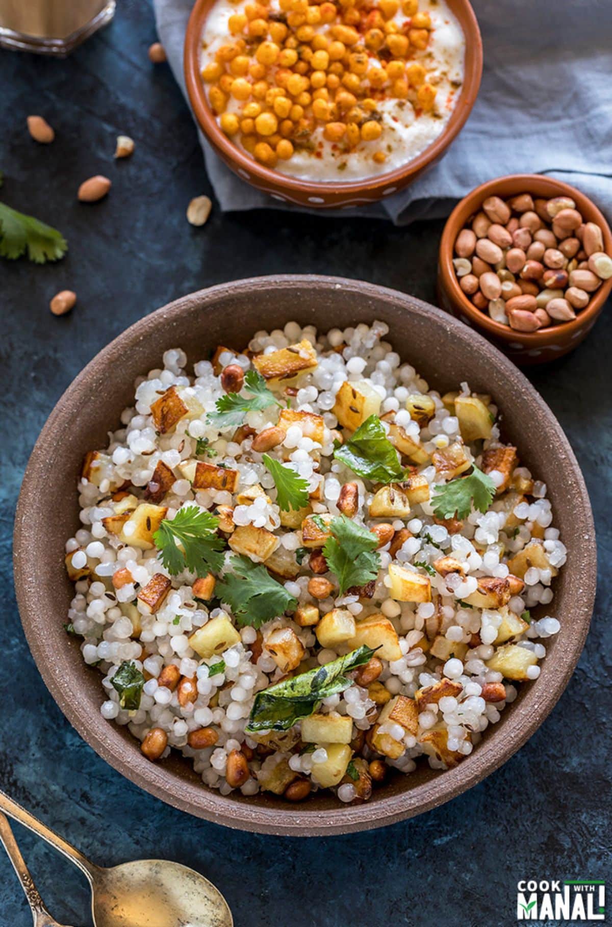 Healthy gluten-free Sabudana Khichdi in a brown bowl.