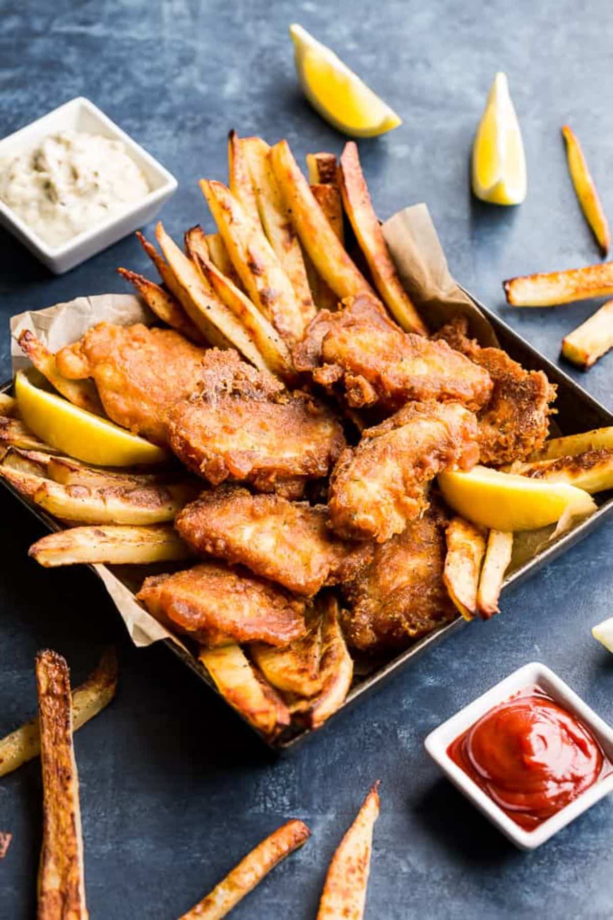 Crispy Gluten-Free Fish and Chips in a bowl.