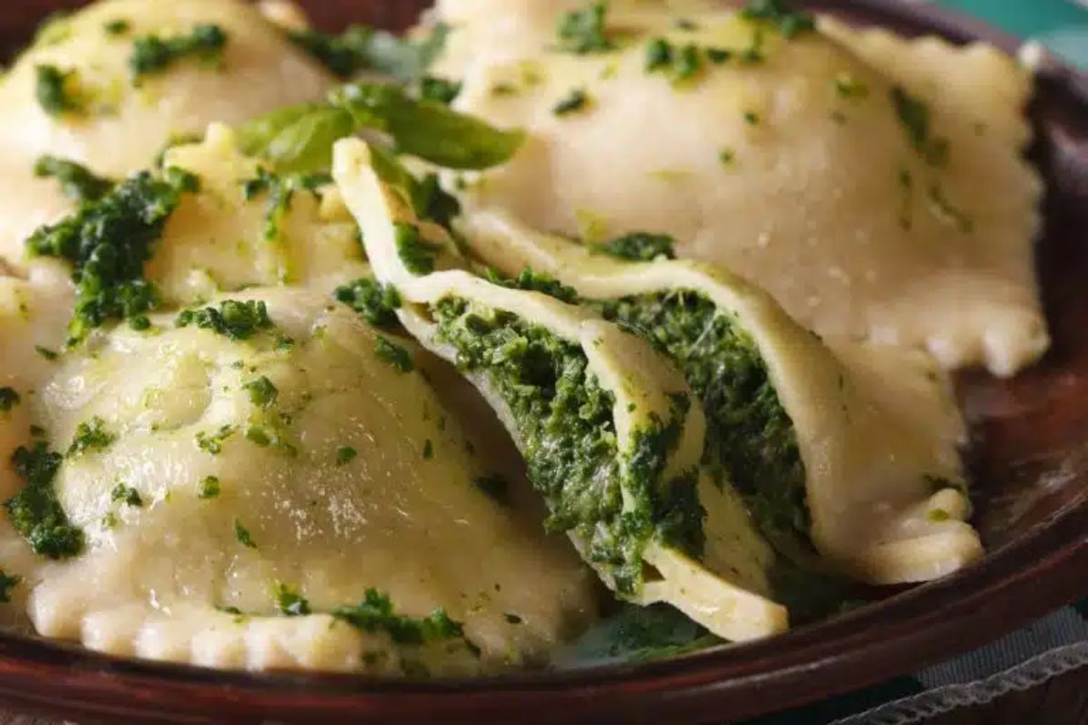 Healthy Gluten-Free Ravioli With Ricotta and Spinach on a tray.