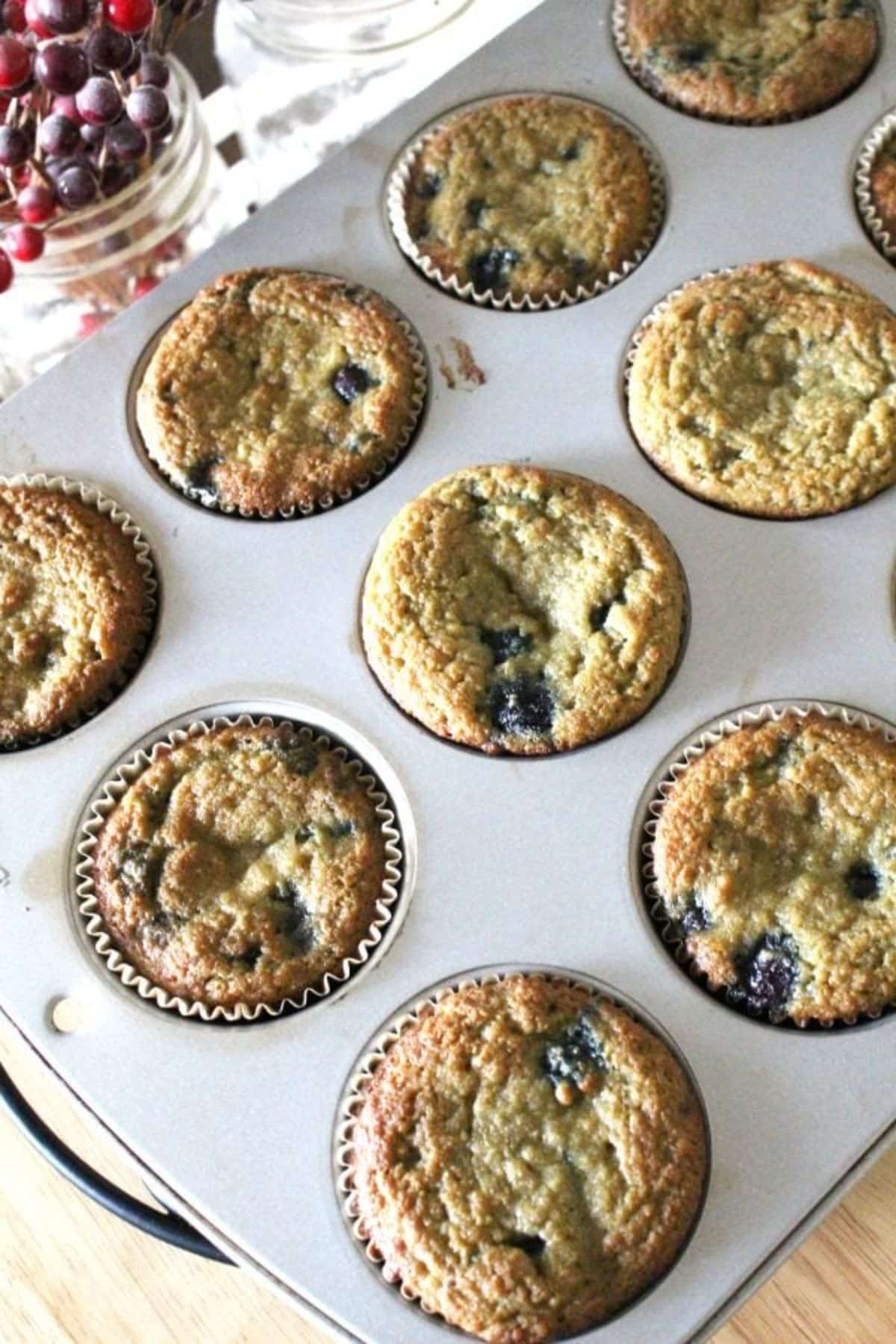 Delicious Coconut Flour Blueberry Muffins in a muffin tray.