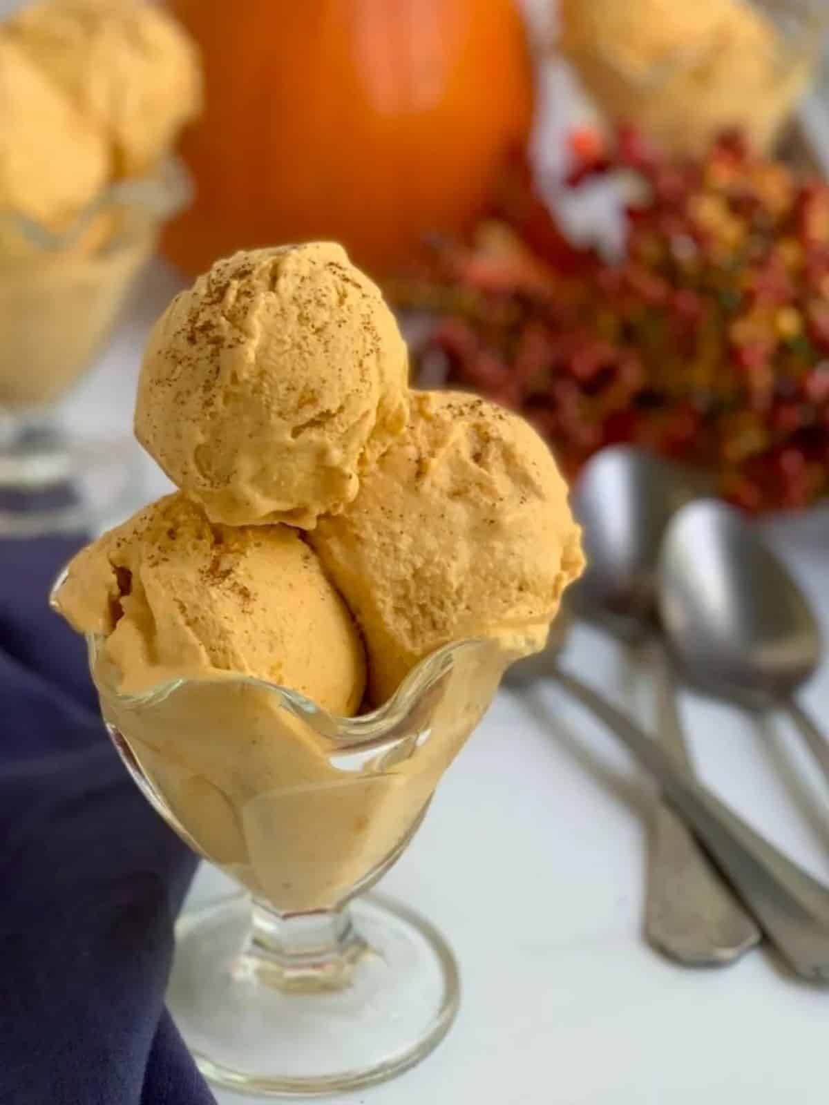 Scrumptious Pumpkin Pie Ice Cream in a tall glass.