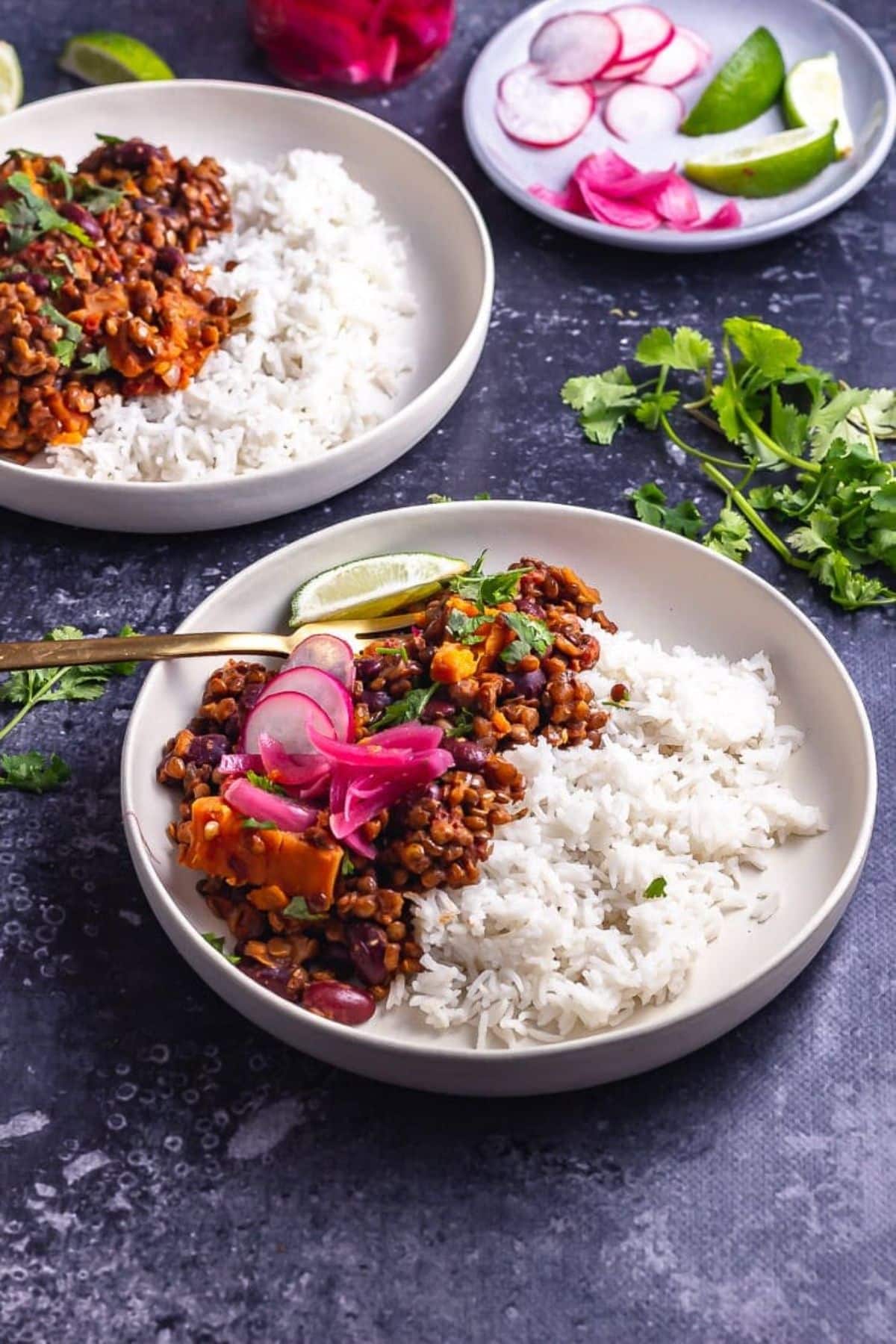 Healthy Veggie Chili with Lentils and Sweet Potato with rice on two plates.