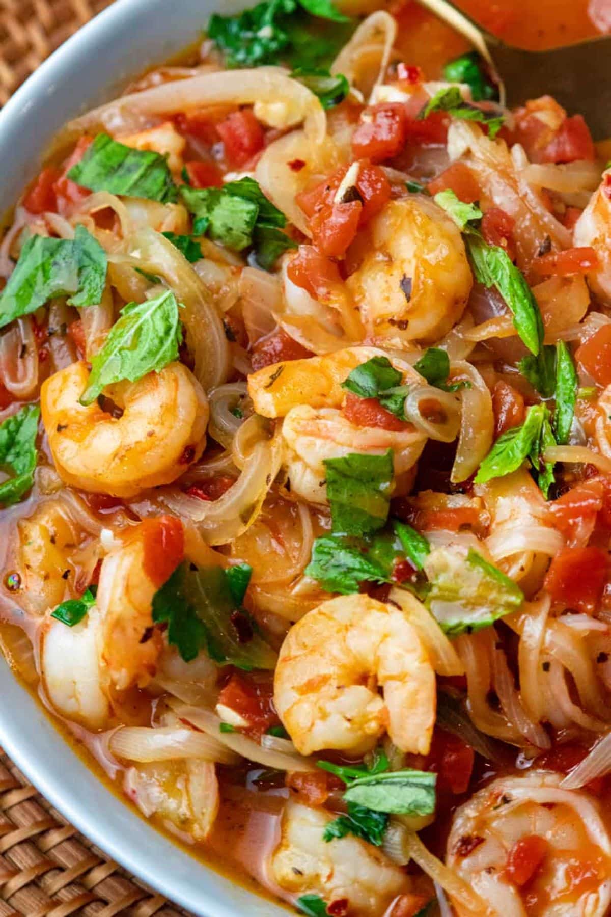 Juicy Shrimp Fra Diavolo in a blue bowl.