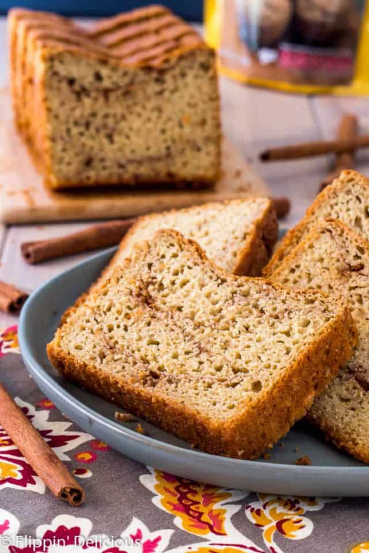 Cinnamon Bread slices on a gray plate.