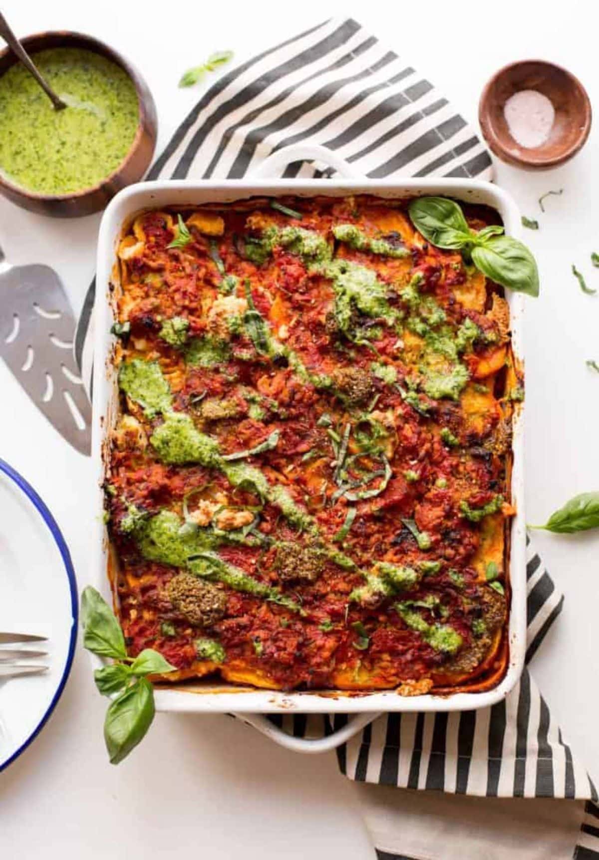 Delicious Paleo Sweet Potato Lasagna in a white casserole.