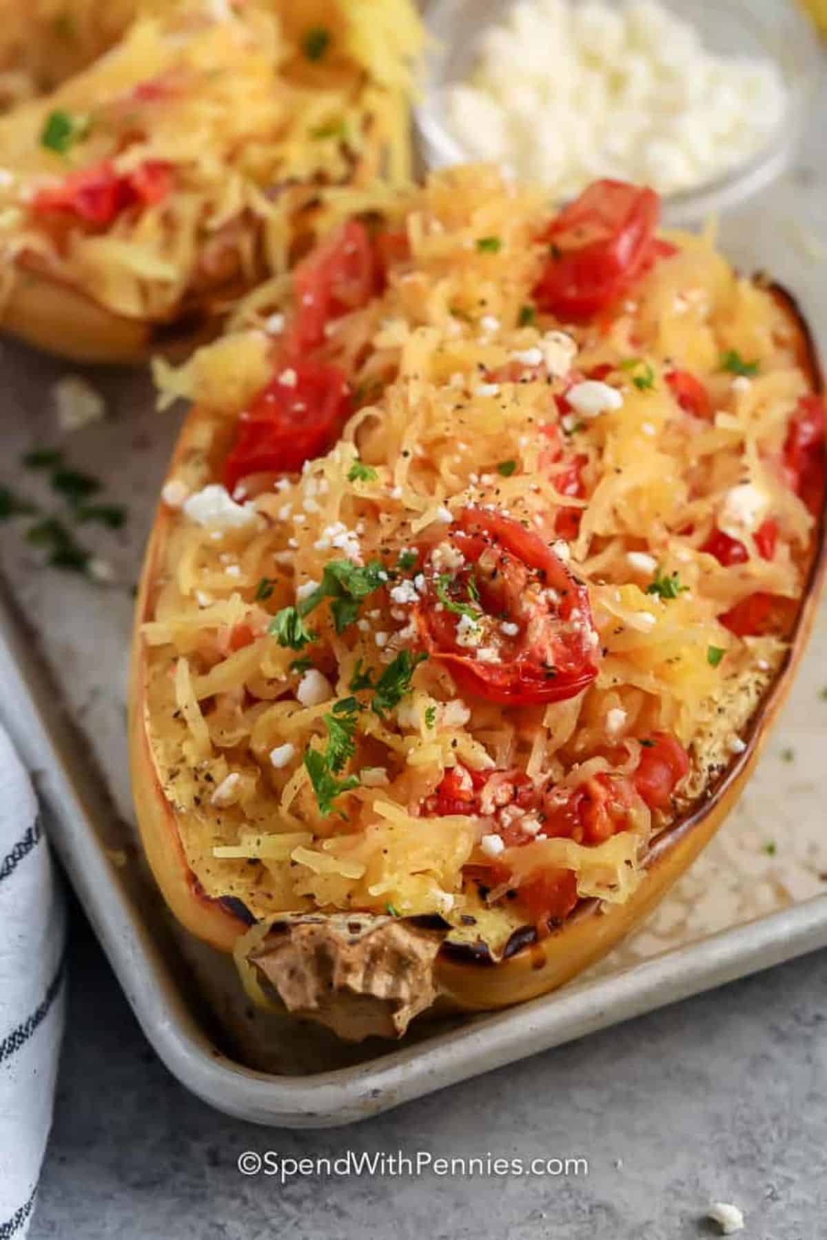 Healthy Feta Spaghetti Squash on a tray.