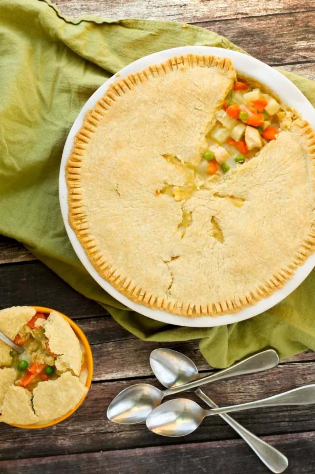 Flavorful Gluten-Free Chicken Pot Pie in a white pot.