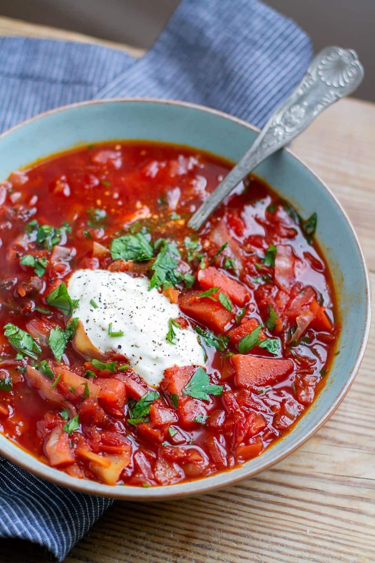 Flavorful Instant Pot Vegan Borscht in a bowl with a spoon.