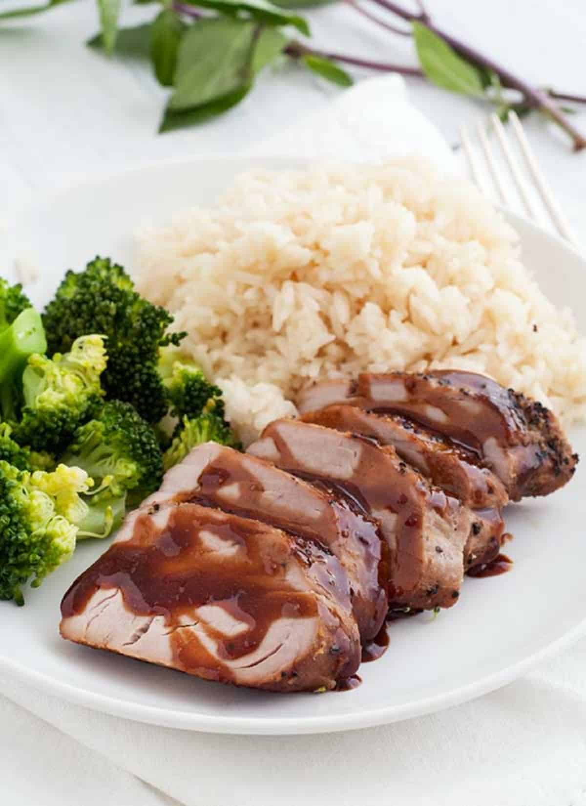 Tasty Gluten-Free Asian Glazed Pork Tenderloin with rice and broccoli on a white plate.