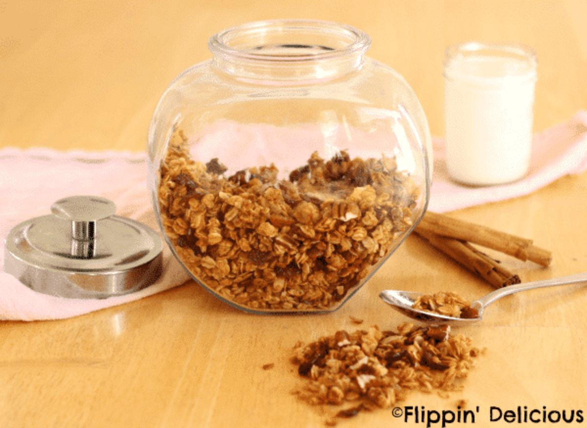 Crispy Gluten-Free Oatmeal Cookie Granola in a glass jar.