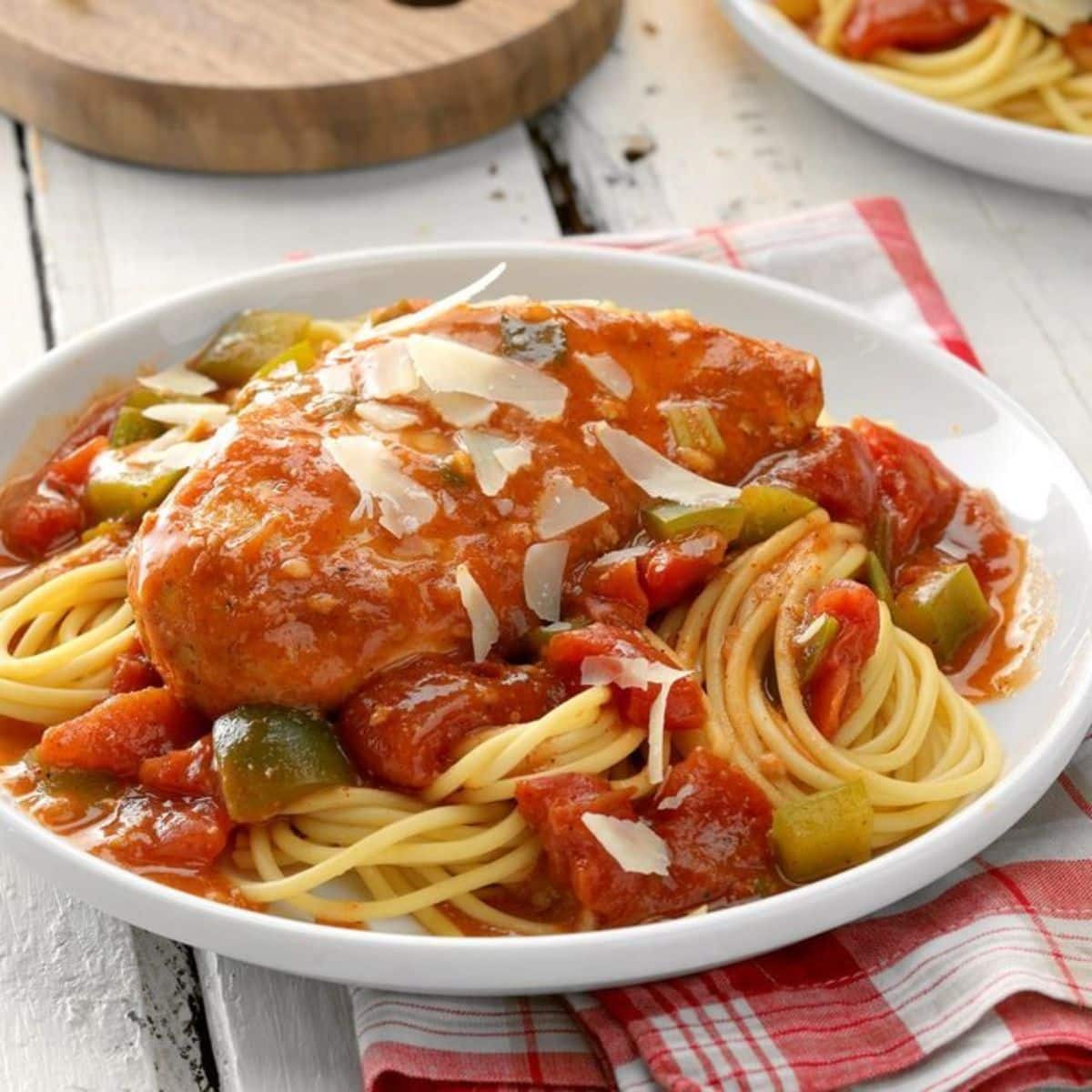 Delicious low-Cooker Italian Chicken on a white plate.