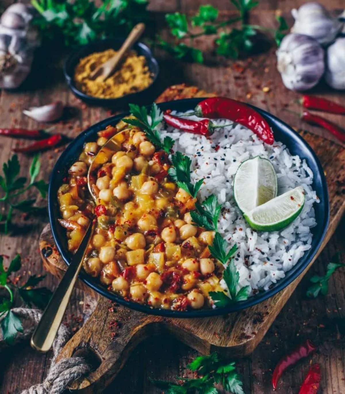 Flavorful Indian Chickpea Curry on a black plate.