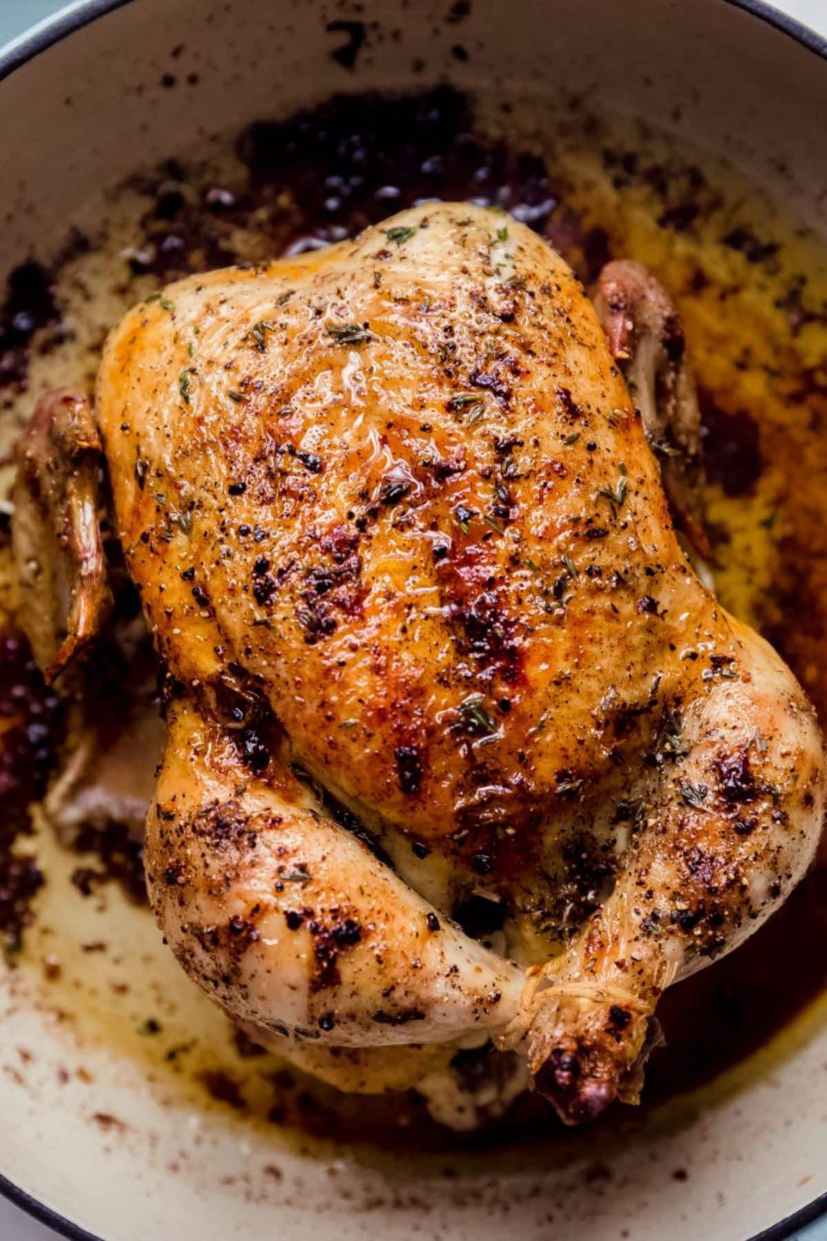 Delicious One-Hour Whole Roasted Chicken in a bowl.