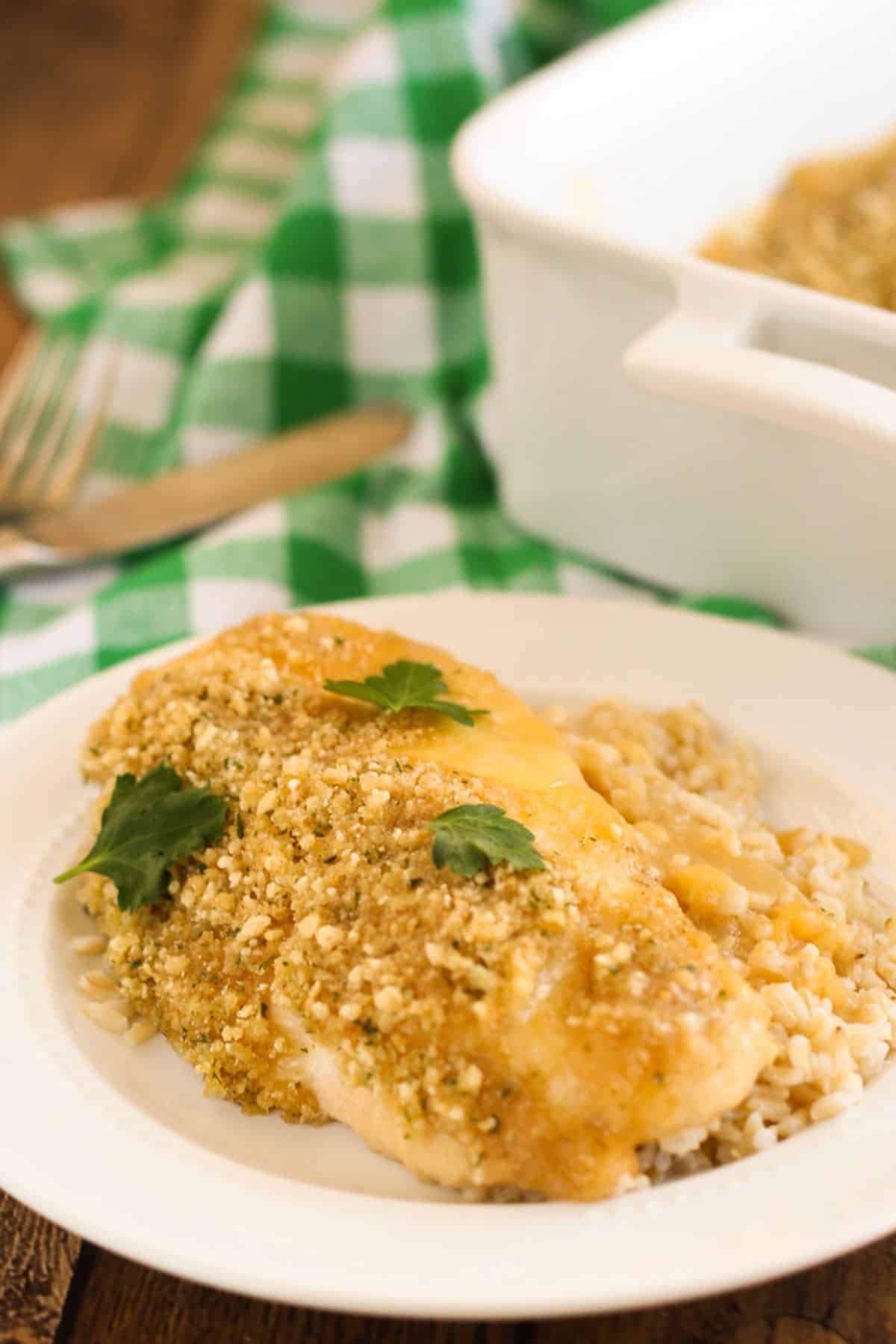 Crispy Gluten-Free Creamy Chicken on a white plate.