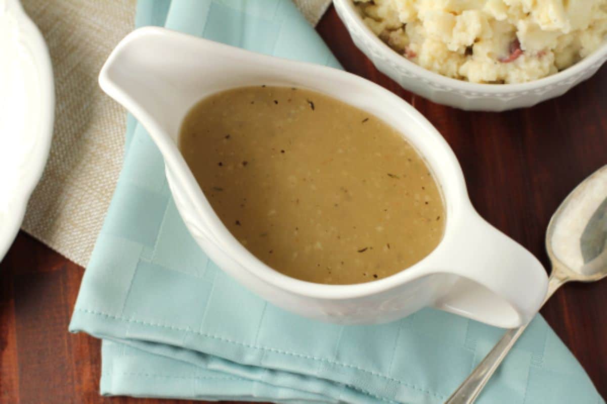 Juicy Lazy Man's Gravy (Gluten-Free) in a white bowl.