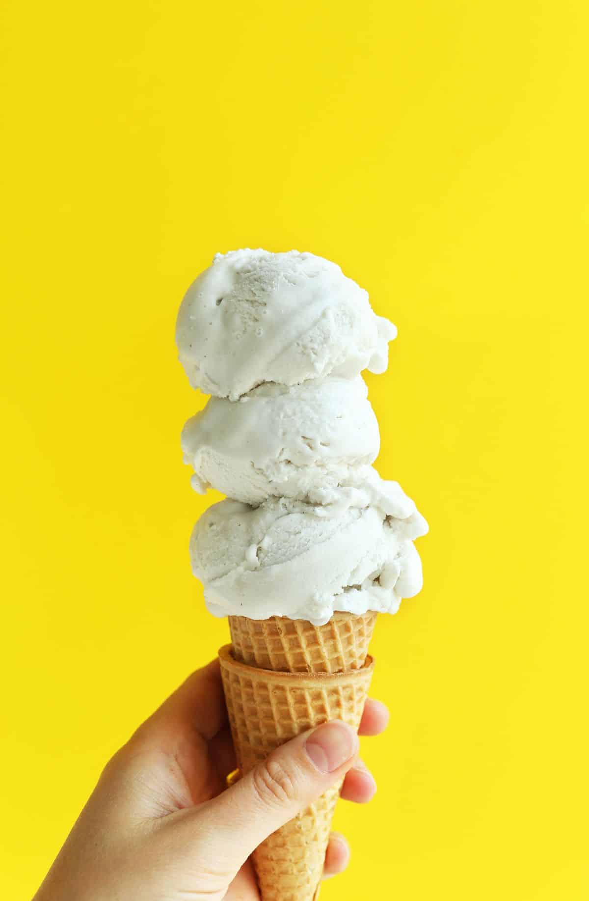 Delicious Vanilla Bean Coconut Ice Cream in cones held by hand.