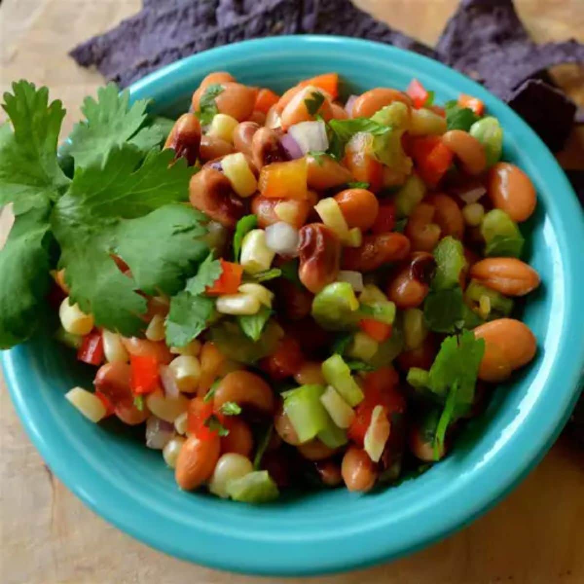 Healthy gluten-free Cowboy Caviar in a blue bowl.