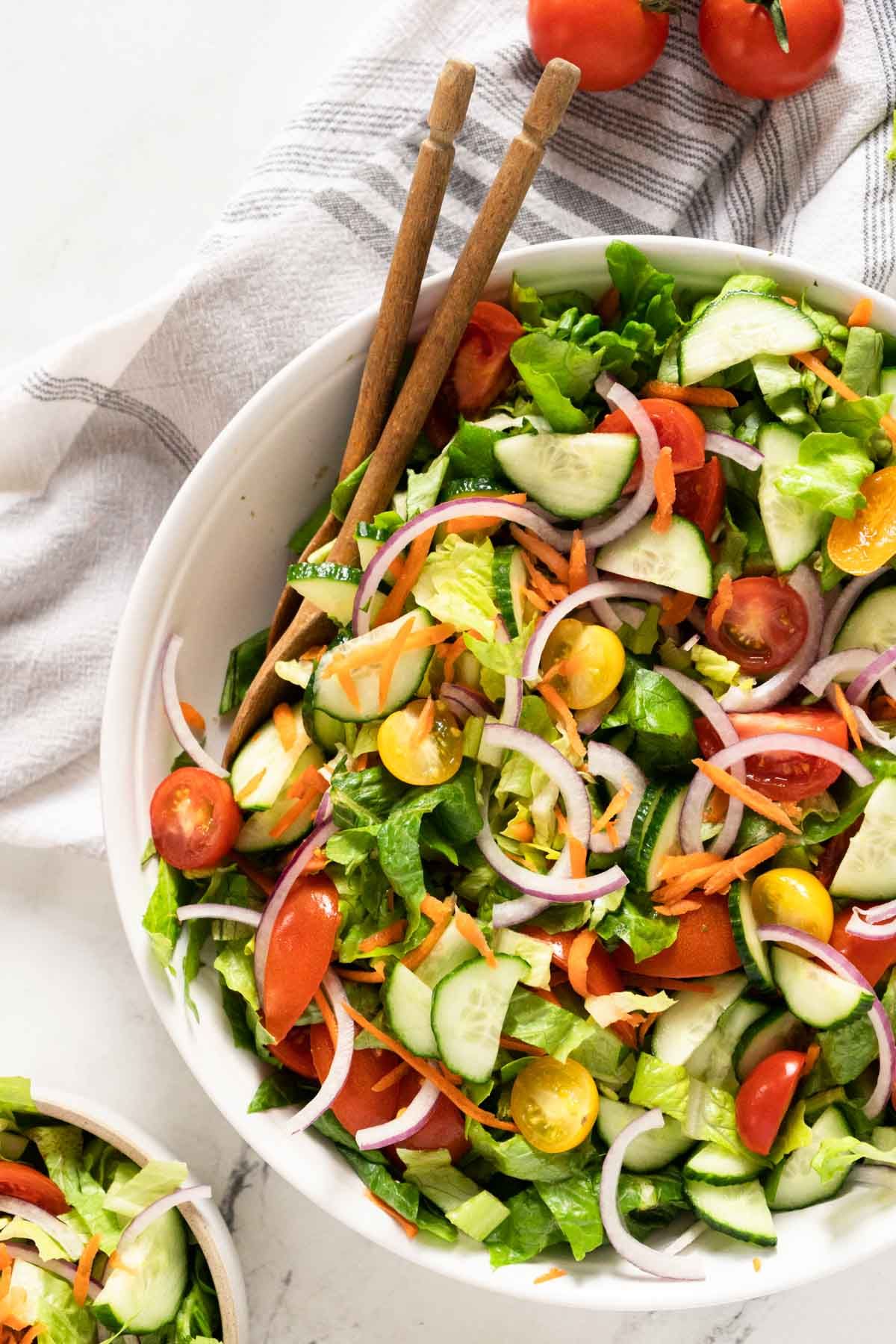 Healthy gluten-free House Salad in a white bowl.